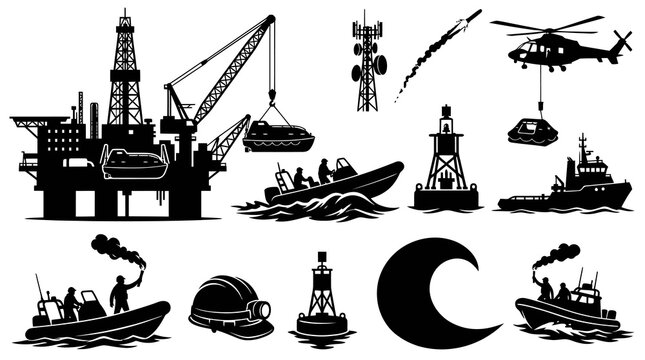 Maritime Offshore Industry and Rescue Icons Set: Oil Rig, Boats, Helicopter, Buoys, Safety Silhouettes