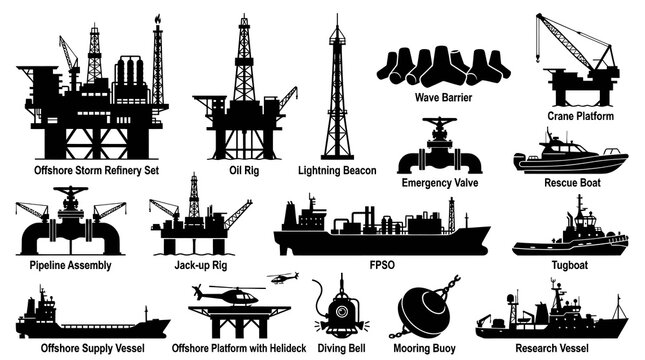 Offshore Oil  Gas Marine Industry Silhouette Icons Set: Rigs, Platforms, Vessels, Equipment, Infrastructure