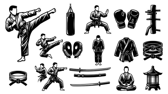Karate Martial Arts Equipment  Figures - Black and White Vector Illustrations