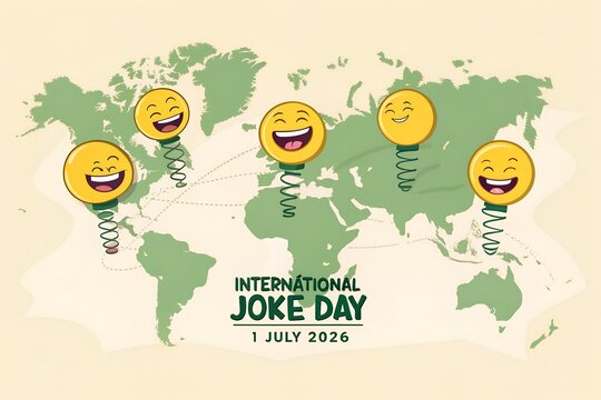 Five vibrant and cheerful yellow emoji faces mounted on metal springs are bouncing joyfully across a detailed world map illustration to commemorate the annual celebration of international joke day occ
