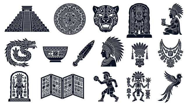 Ancient Aztec Maya Glyphs: Pyramids, Jaguar, Calendar, Gods, Skeleton, Bird