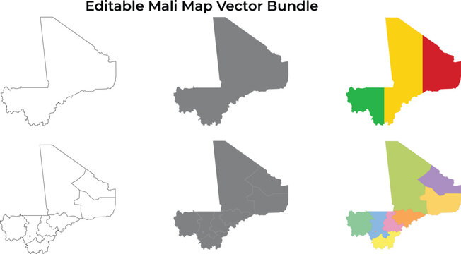 Mali map bundle: outline, gray, and color regions colored