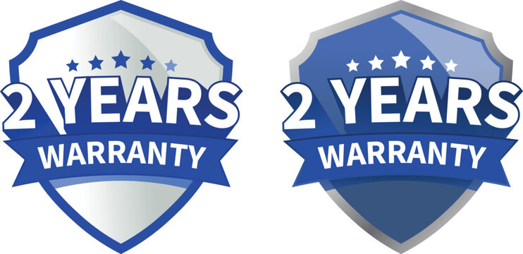 2 year warranty label or badge design, with a minimalist, glossy, isolated blue shield icon. Vector illustration.