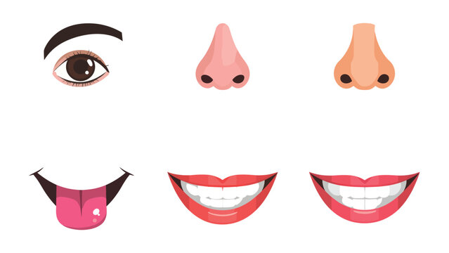 Anatomy of Facial Features: A detailed close-up of a human eye, two noses, and three different mouths.