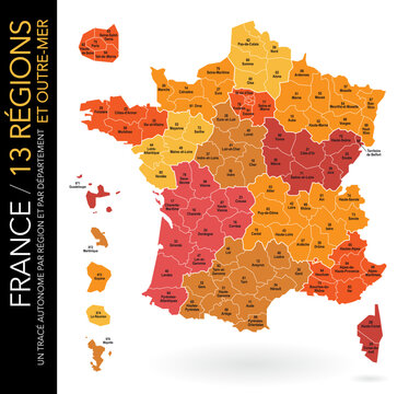 Carte de France / 13 r&eacute;gions et outre-mer avec d&eacute;partements, num&eacute;ros et chefs-lieux / Un trac&eacute; autonome par zone