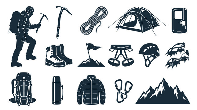 Mountaineering and Climbing Outdoor Gear Glyph Icons Set for Adventure Sports and Trekking