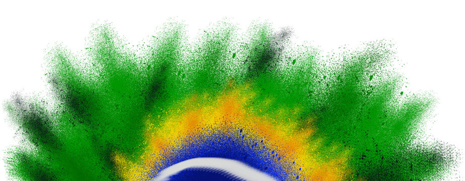 Brazil Flag Color Powder Explosion on Black Background &ndash; Green Yellow Blue Abstract Dust Splash