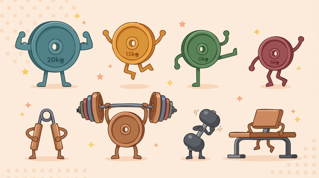 Playful Cartoon Gym Equipment Characters Vector Illustration Set