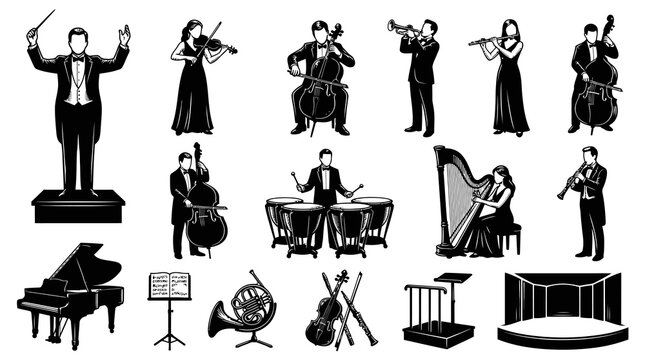 Classical Orchestra Musicians and Instruments Vector Icons Set. Black and White Line Art Collection.
