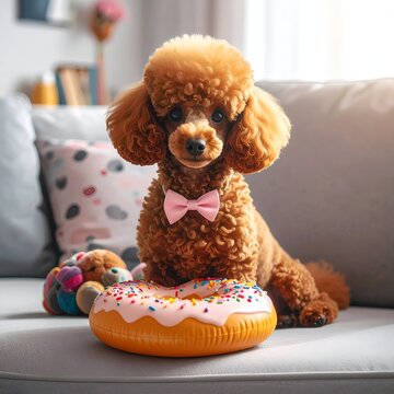 Adorable Poodle with Donut and Bowtie on Cozy Couch.