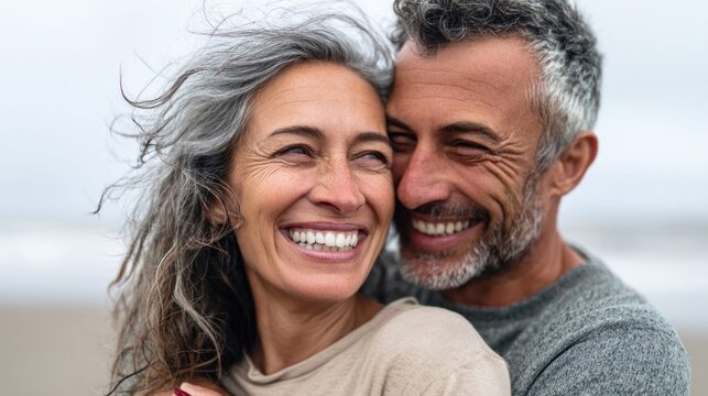 Happy mature couple embracing and smiling on a beach with windblown hair