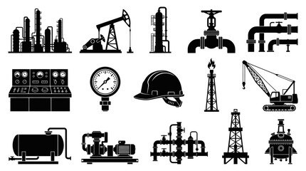Obraz premium Oil and Gas Industry Equipment Icons Set - Black Silhouette Glyphs for Petrochemical and Energy