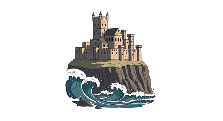 Fototapeta premium Medieval stone castle on a rocky cliff above crashing ocean waves