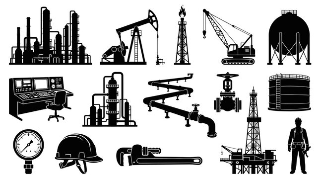 Oil and Gas Industry Icons Set. Petroleum Production, Refining, Drilling Equipment Black White Silhouettes