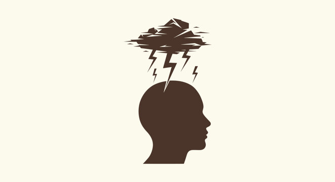 Psychology Concept Vector of a Silhouette Head with Stormy Cloud and Lightning Bolts for Stress