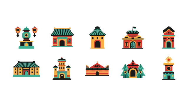 Traditional Asian architectural building and temple icon set