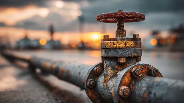 Rusty valve on pipeline at sunset. Industrial decay concept.