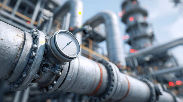 Pressure gauge on industrial pipeline at refinery. Energy infrastructure concept.