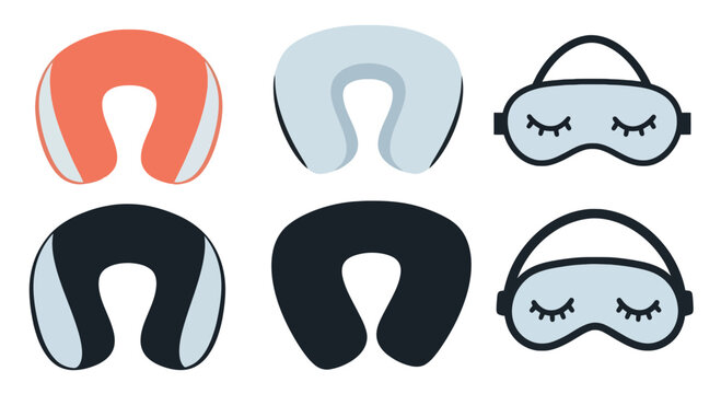 Travel neck pillows and sleep masks vector icon set