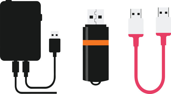 USB Cable, Flash Drive, and Charging Adapter Vector Set for Electronics, Technology, and Digital Accessories