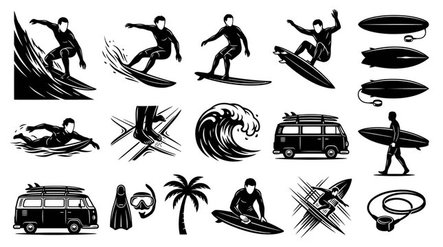 Surfing Vector Icons: Black  White Line Art of Surfers, Waves, and Vans