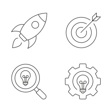 Modern linear icons for business growth, creative vision, target goals, and startup launch concepts.