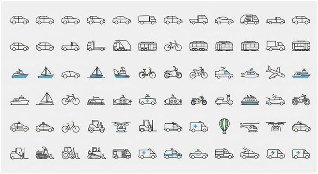 Collection of various transportation vehicles, including cars, boats, and bicycles, in a simple line art style.