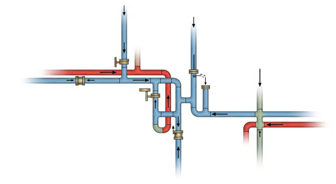 Complex industrial piping system with valves and gauges for fluid control and distribution.