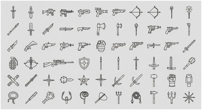 Collection of various weapons and tools for combat and defense.