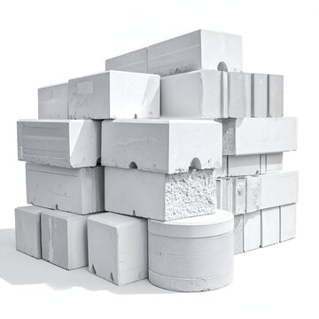 Pile of white autoclaved aerated concrete blocks for construction.