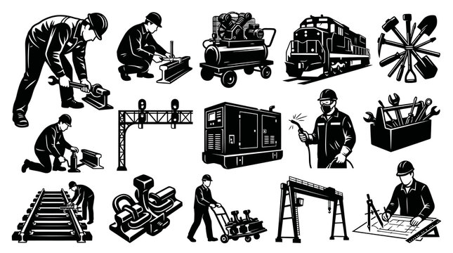 Black and White Railway Workers and Equipment Vector Set, Industry Icons