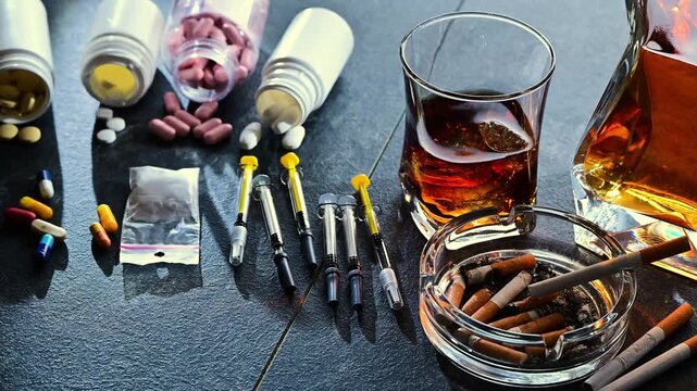 Addictive substances, including alcohol, cigarettes and drugs.
