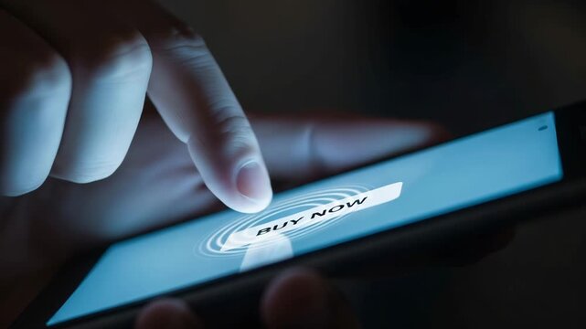 Close up of a finger pressing a glowing digital buy now button on screen