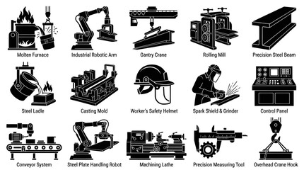 Obraz premium Industrial Metalworking Equipment Icons: Black White Glyph Set