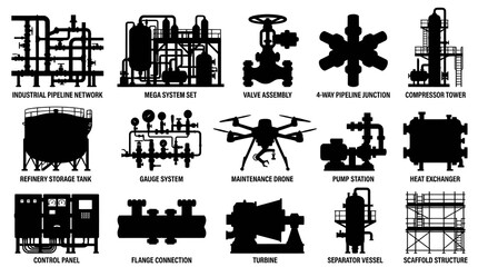 Obraz premium Industrial Plant and Oil Gas Equipment Silhouettes Vector Icons Set for Manufacturing and Engineering