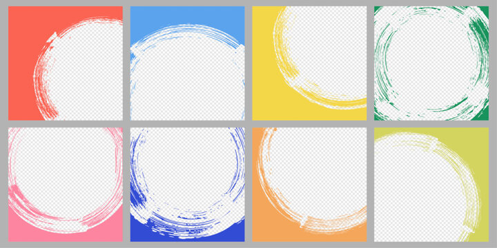 Vector illustration. Square paint rounded templates. Circular brush strokes  layers on transparent backgrounds. Vibrant color minimalist grunge textures for social media, advertising, web template