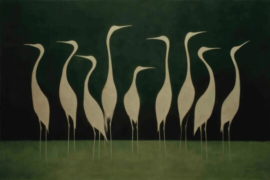 Five White Herons Minimalist Illustration on Dark Green Background