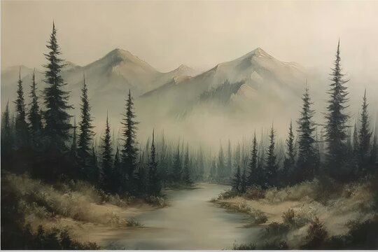 Misty mountain landscape with pine forest and tranquil wilderness