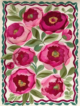 Pink peony floral illustration with decorative botanical border
