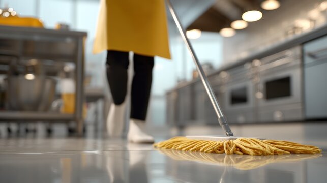 Person mops floor in commercial kitchen