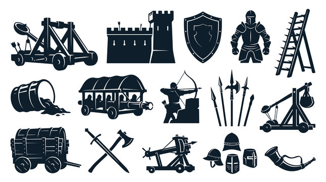 Medieval Warfare Weapons and Siege Tools Glyph Icons Set. Ancient Battle Army and Castle Equipment Silhouettes.