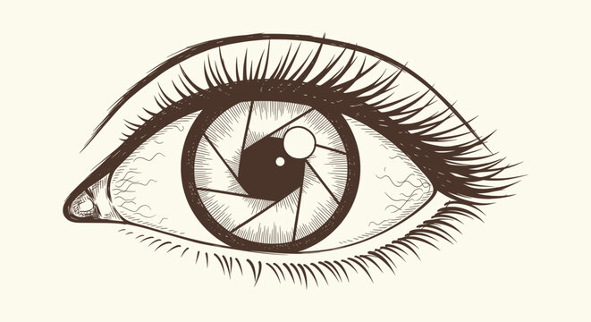 Vintage hand drawn sketch of a human eye with a camera shutter aperture iris photography concept