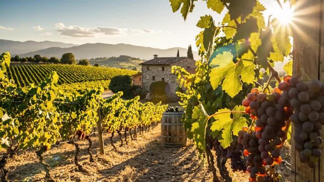 Scenic vineyard landscape with ripe grapes on vines, stone building, and sunlight casting a warm glow on the harvest