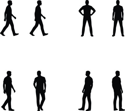 Collection of eight standing human silhouette figures in various relaxed poses and orientations, demonstrating posture, movement, and body language reference