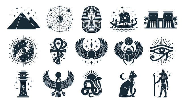 Ancient Egypt Mythology Glyph Icons Set: Pharaoh, Pyramids, Gods, Ankh, Scarab, Eye of Horus, Bastet Symbols.