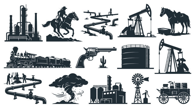 Vintage Western Industry Icons: Oil Rig, Train, Cowboy, Horse, Tornado