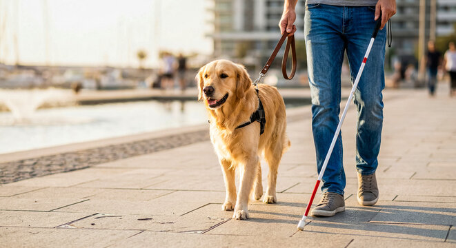 Guide dog and handler walking by waterfront