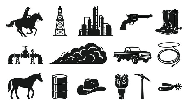 Western Oil Industry Icons: Cowboy, Rig, Refinery, Gun, Boots, Truck, Lasso, Horse