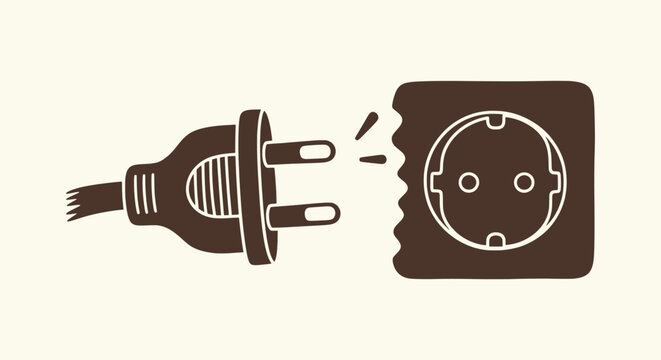 Brown Stylized Electric Power Plug and Wall Outlet Icon for Connection Lost or Offline Concept.