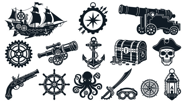 Pirate and Steampunk Adventure Icons Set. Black and White Nautical Glyph Vector Elements Collection